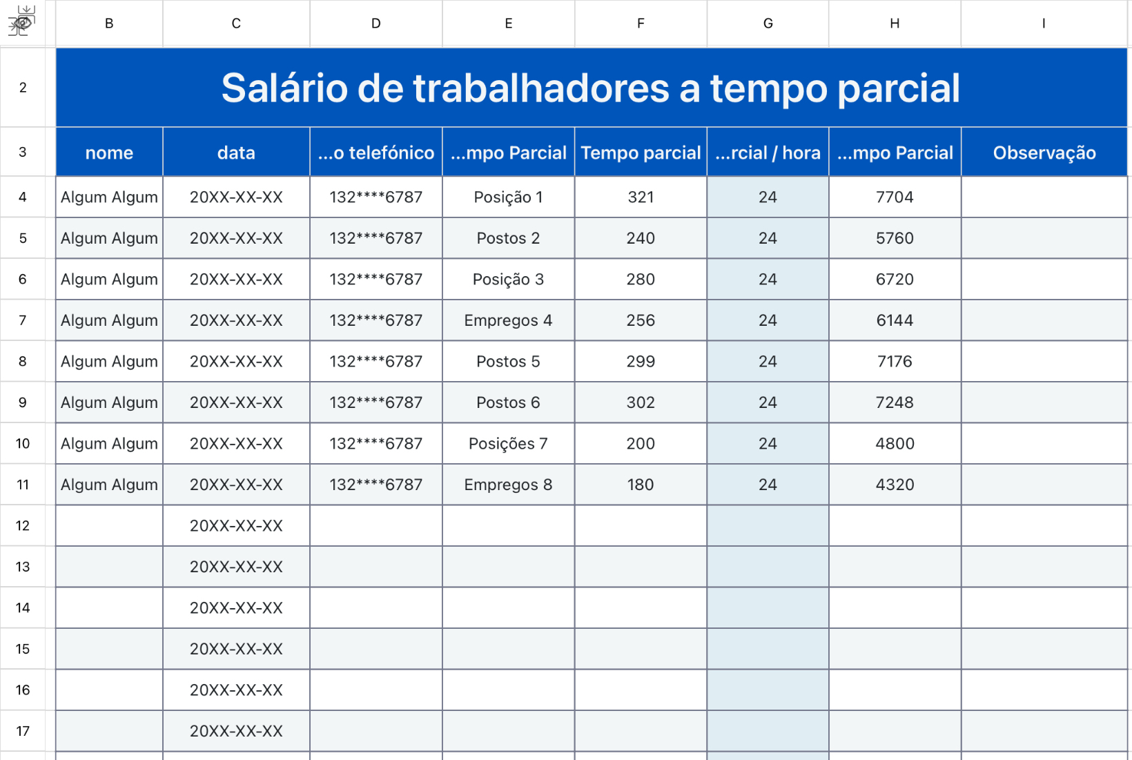 Salário de funcionários a tempo parcial